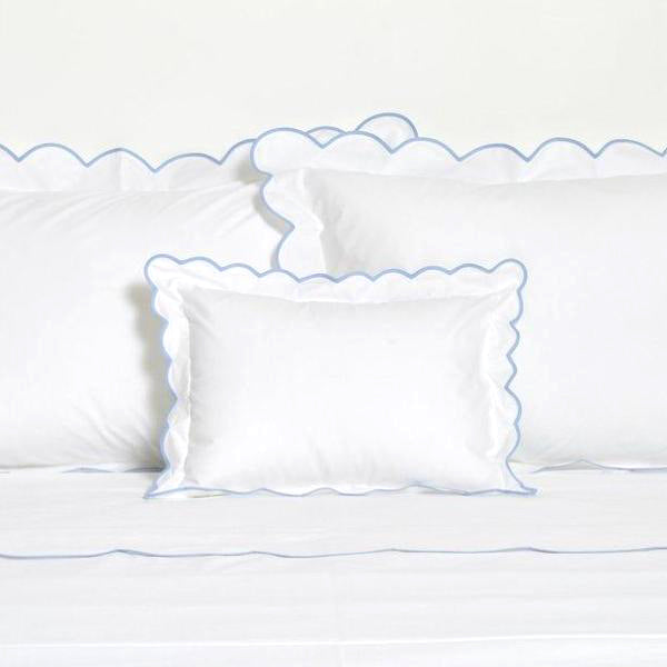 White with Light Blue Scalloped Bias